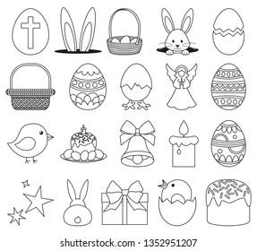 20 line art black and white easter elements set. Eggs, rabbits ans chicks. Spring themed vector illustration for stamp, label, certificate, brochure, gift card, poster, coupon or banner decoration