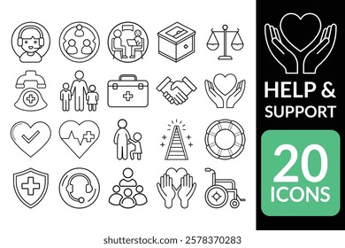 20 Line Art Help and Support Icons with Focus on Medical Aid, Health, and Care Assistance