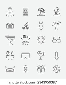 20 Line Art Style Minimalist Beach And Summer Icons In Black Monotone Color