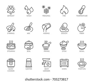 20 line icons for cooking theme. Big vector set of outline symbols isolated on white background. Kitchen accessories labels. Editable Stroke. 48x48 Pixel Perfect