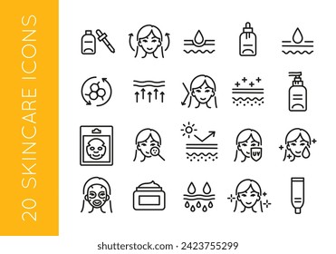 20 line icons depicting various skincare and beauty treatments,cosmetology procedures on a white background For mobile,web app, promo materials and SMM. Vector illustration