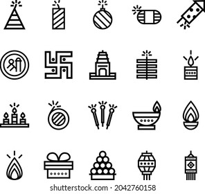 20 line icons of the Indian festival of lights, Diwali, including fireworks, diya, lanterns, and sweets