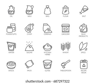 20 line icons on cookery theme. Ingredients for cooking and kitchen accessories. Outline logo isolated on white background. Editable Stroke. 48x48 Pixel Perfect