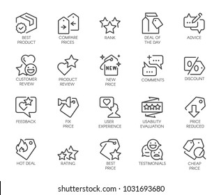 20 linear icons for online or offline stores, mobile apps and messengers. Promotion, marketing and advertising line signs. Sale and review concept. Vector illustration isolated on white background