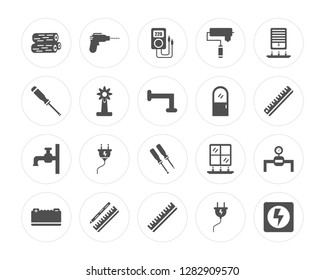 20 Log, Drill, Ruler, Drawing, Battery, Window, Door, Screwdriver, Tap, Eolic energy modern icons on round shapes, vector illustration, eps10, trendy icon set.