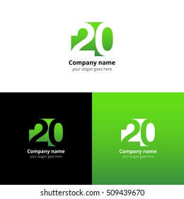 20 logo icon flat and vector design template. Monogram years numbers two and zero. Logotype twenty with green gradient color. Creative vision concept logo, elements, sign, symbol for card, brand.