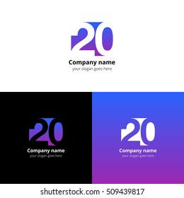 20 logo icon flat and vector design template. Monogram years numbers two and zero. Logotype twenty with purple-blue gradient color. Creative vision concept logo, elements, sign, symbol for card, brand