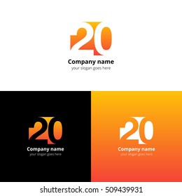 20 logo icon flat and vector design template. Monogram years numbers two and zero. Logotype twenty with orange gradient color. Creative vision concept logo, elements, sign, symbol for card, brand.