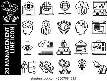 20 icono de línea de gestión, blanco y negro
