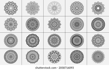 20 Mandala Circular pattern design set for Henna, Mehndi, tattoo, decoration.
Decorative ornament in ethnic oriental style. Coloring book page Bundle