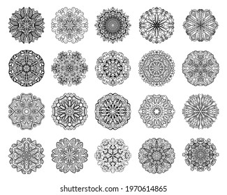 20 mandalas, circular ornaments. abstract design element, tattoo template, Decorative retro ornament. Vector illustration
