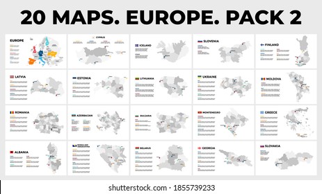20 Maps. Europe. Vector map infographic templates. Pack 2. Slide presentation. All countries divided into regions. Included flags and tag labels.