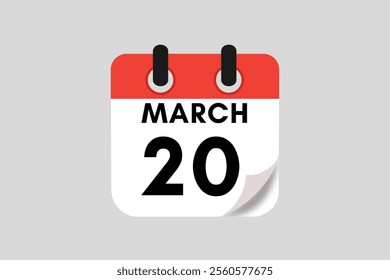 20 March calendar icon text page monthly web design on red, white, black and ash background vector, icon, or illustration with the month of March 20