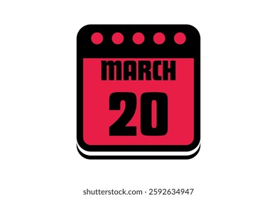 20 March calendar icon text page monthly web design on red, black and white background vector, icon, or illustration with the month of March 20