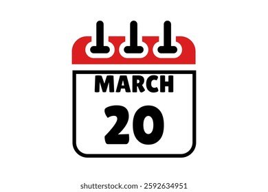 20 March calendar icon text page monthly web design on red, black and white background vector, icon, or illustration with the month of March 20