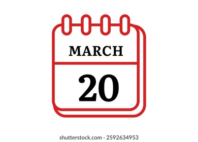 20 March calendar icon text page monthly web design on red, black and white background vector, icon, or illustration with the month of March 20