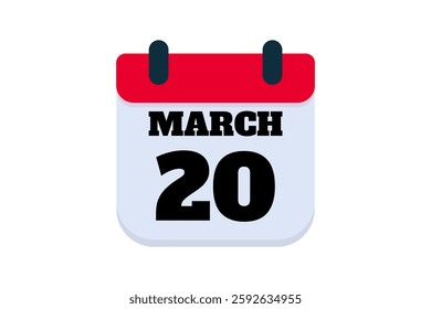 20 March calendar icon text page monthly web design on red, black and white background vector, icon, or illustration with the month of March 20