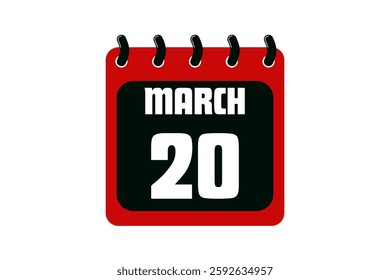 20 March calendar icon text page monthly web design on red, black and white background vector, icon, or illustration with the month of March 20