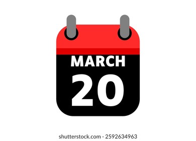 20 March calendar icon text page monthly web design on red, black and white background vector, icon, or illustration with the month of March 20