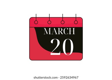 20 March calendar icon text page monthly web design on red, black and white background vector, icon, or illustration with the month of March 20