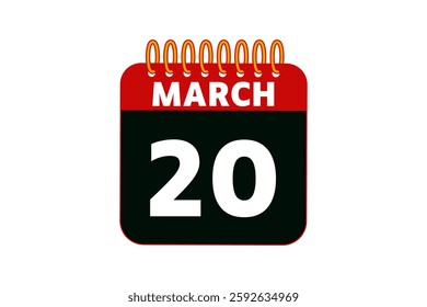 20 March calendar icon text page monthly web design on red, black and white background vector, icon, or illustration with the month of March 20