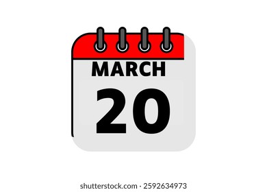 20 March calendar icon text page monthly web design on red, black and white background vector, icon, or illustration with the month of March 20