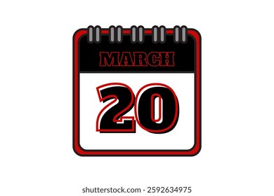 20 March calendar icon text page monthly web design on red, black and white background vector, icon, or illustration with the month of March 20