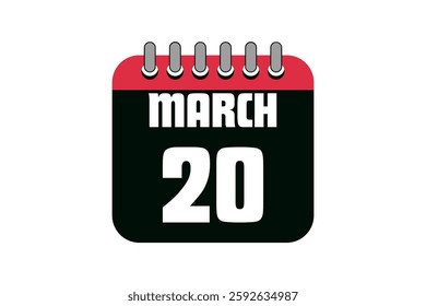 20 March calendar icon text page monthly web design on red, black and white background vector, icon, or illustration with the month of March 20