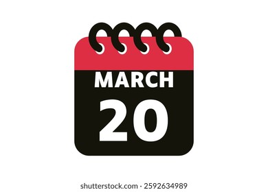 20 March calendar icon text page monthly web design on red, black and white background vector, icon, or illustration with the month of March 20