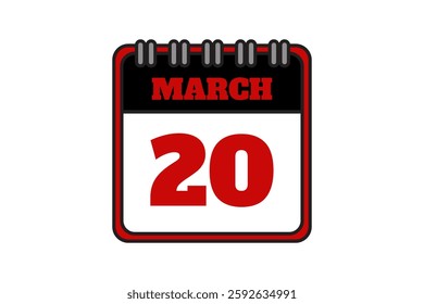 20 March calendar icon text page monthly web design on red, black and white background vector, icon, or illustration with the month of March 20