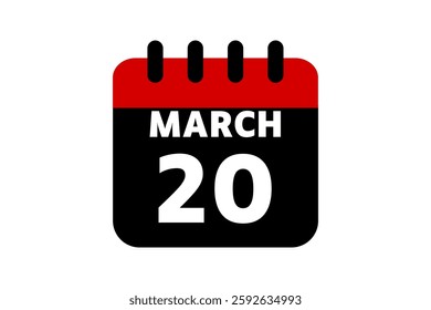 20 March calendar icon text page monthly web design on red, black and white background vector, icon, or illustration with the month of March 20