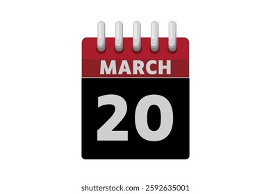 20 March calendar icon text page monthly web design on red, black and white background vector, icon, or illustration with the month of March 20