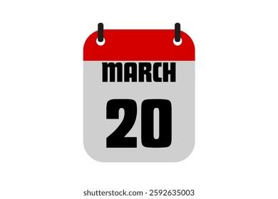 20 March calendar icon text page monthly web design on red, black and white background vector, icon, or illustration with the month of March 20