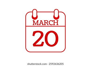 20 March calendar icon text page monthly web design on red and white background vector, icon, or illustration with the month of March 20