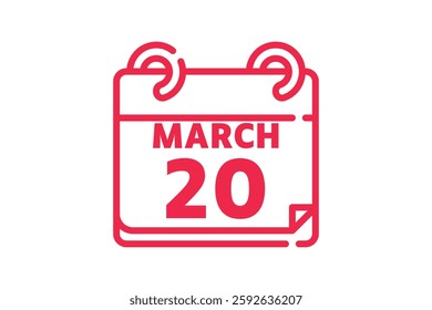 20 March calendar icon text page monthly web design on red and white background vector, icon, or illustration with the month of March 20