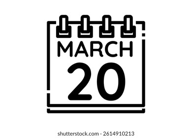 20 March calendar icon text page monthly web design on black and white background vector, icon, or illustration with the month of March 20