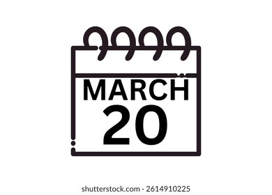 20 March calendar icon text page monthly web design on black and white background vector, icon, or illustration with the month of March 20