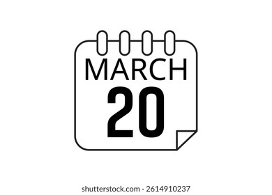 20 March calendar icon text page monthly web design on black and white background vector, icon, or illustration with the month of March 20