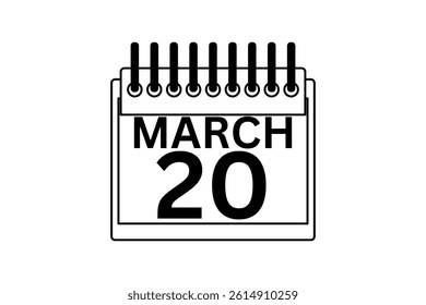 20 March calendar icon text page monthly web design on black and white background vector, icon, or illustration with the month of March 20