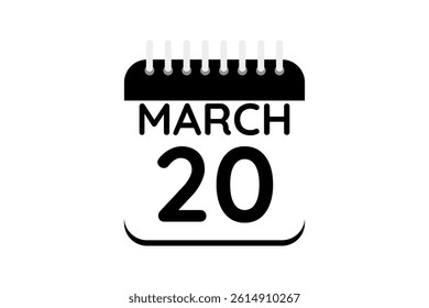 20 March calendar icon text page monthly web design on black and white background vector, icon, or illustration with the month of March 20