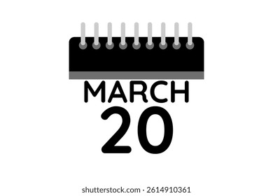 20 March calendar icon text page monthly web design on black and white background vector, icon, or illustration with the month of March 20