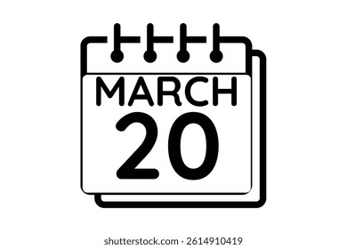 20 March calendar icon text page monthly web design on black and white background vector, icon, or illustration with the month of March 20