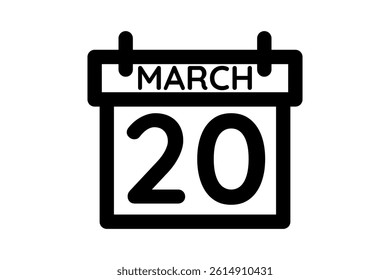 20 March calendar icon text page monthly web design on black and white background vector, icon, or illustration with the month of March 20