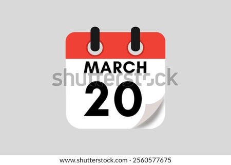 20 March calendar icon text page monthly web design on red, white, black and ash background vector, icon, or illustration with the month of March 20