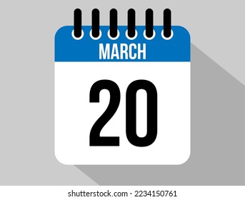 Icono vectorial del calendario 20 de marzo. Fecha de la Marcha Azul para los días del mes y de la semana en un fondo claro