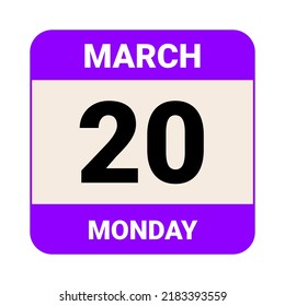 20 March, Monday. Date template. Useful design for calendar or event promotion. Vector illustration EPS 10 File