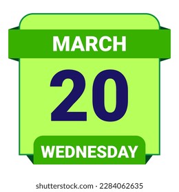 20 de marzo, miércoles. Plantilla de fecha. Diseño útil para la promoción de calendarios o eventos. Ilustración vectorial Archivo EPS 10. Aislado sobre fondo blanco. 