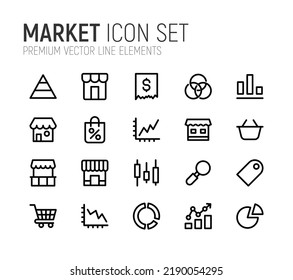 20 market line icons. Premium pack of marketing signs. Store, shop, graphs and other line elements. Set of stroke pictograms.