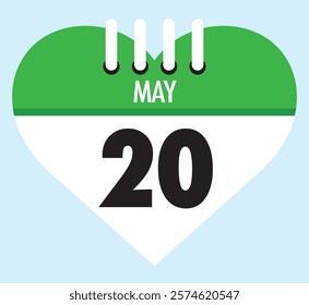 20 May calendar icon green heart shape on light sky blue color background, calendar vector symbol for the month of May.