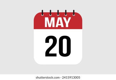 20 May calendar icon. Red calendar page vector for May days and weeks.
